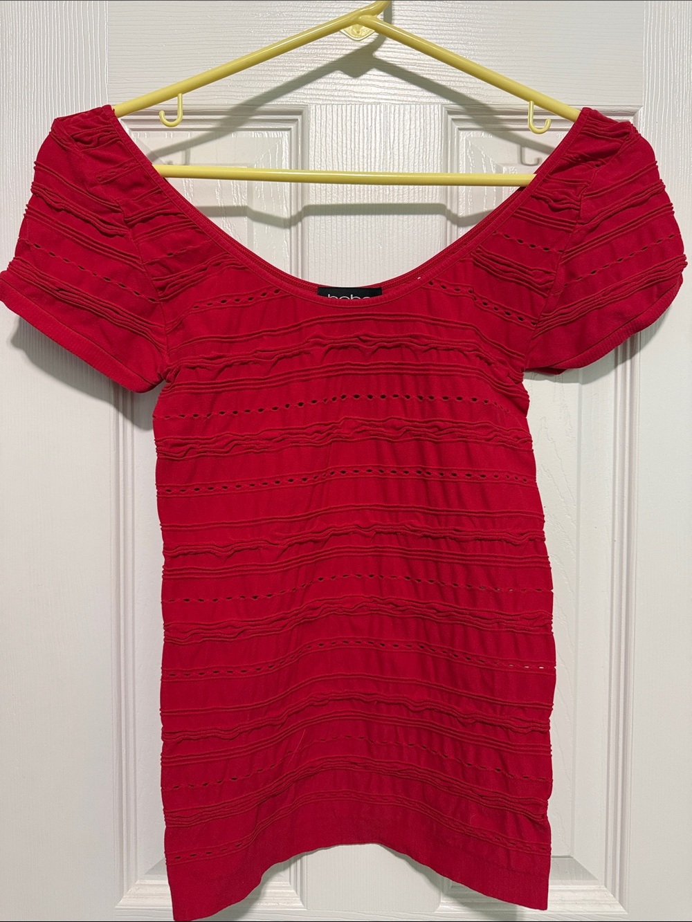 bebe Bright Red Puff Sleeve Ribbed Knit Top